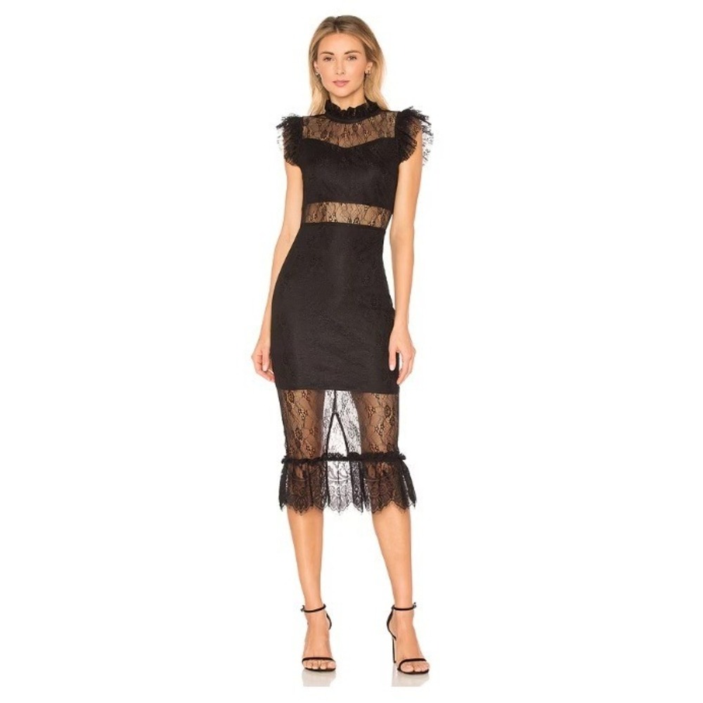 VICI x Gina | Black Lace Midi Dress High Neck Flutter Sleeve Sheer Hem | Size L